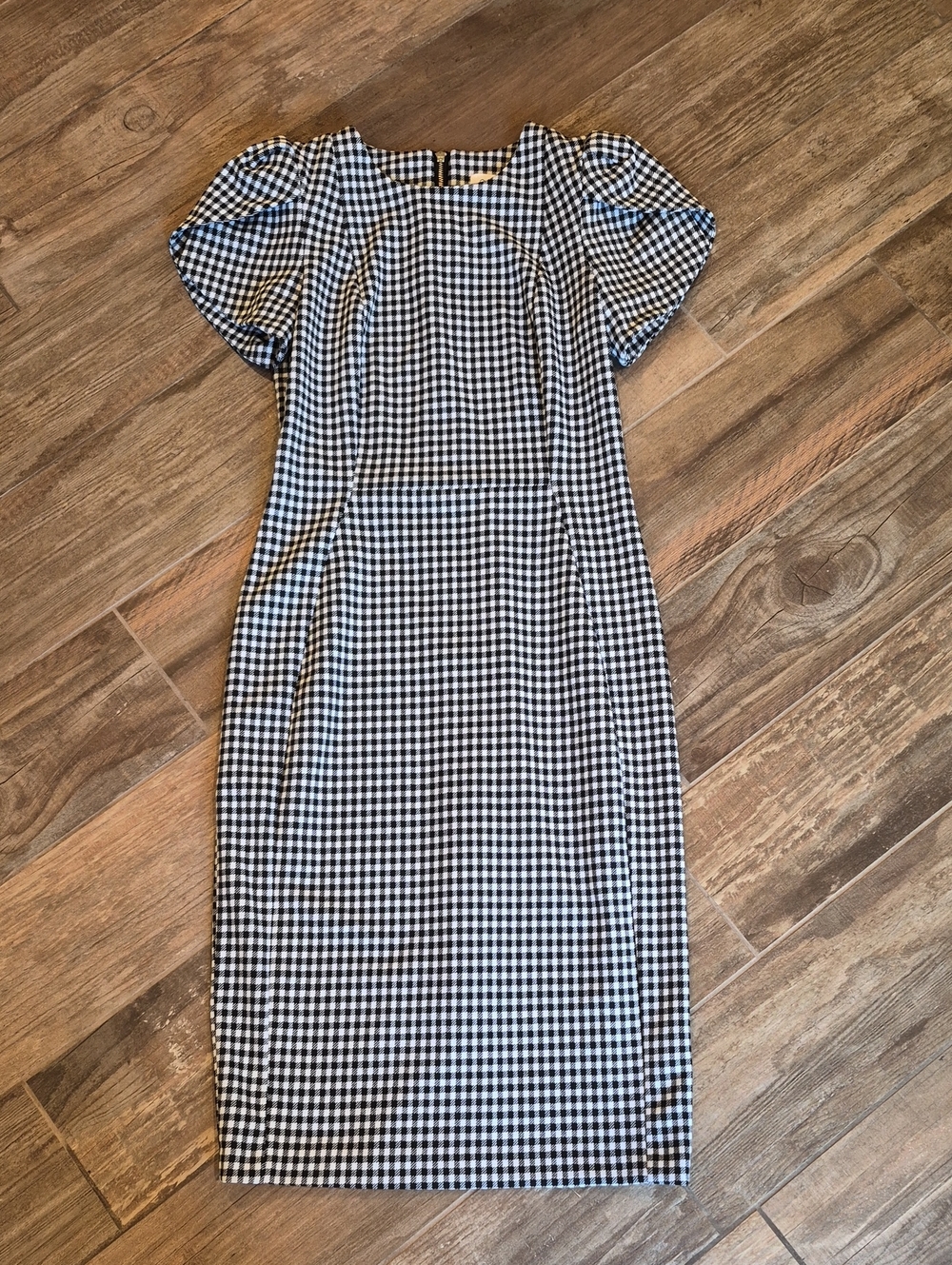 Calvin Klein Black & White Gingham Check Short Tulip Sleeve Sheath Midi Dress 2 - Picture 4 of 11